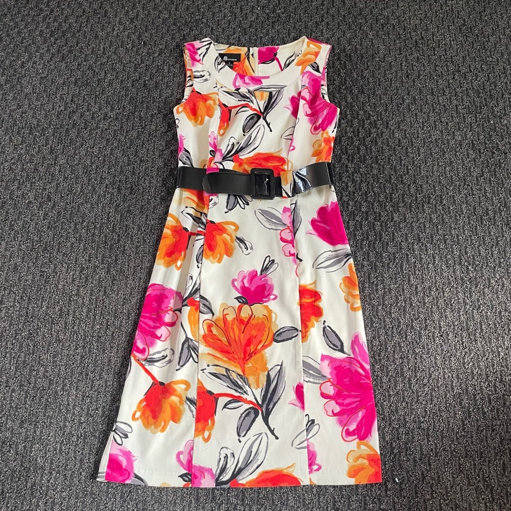 2000s White Floral Midi Dress with Faux Leather Belt